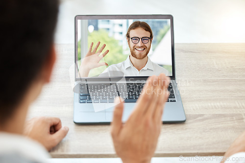 Image of Video call, laptop and business people for virtual communication, online meeting and remote work. Happy professional man and partner wave hello on computer screen for webinar or team collaboration