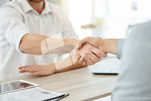 Image of Handshake, meeting and business people for partnership, thank you and b2b welcome or interview success in office. Man, clients or partner shaking hands for deal, thanks and recruitment or agreement