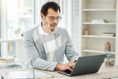 Image of Computer, typing and business man planning, copywriting and article, newsletter or blog research in home office. Editor, web writer or professional person editing, remote work and working on laptop