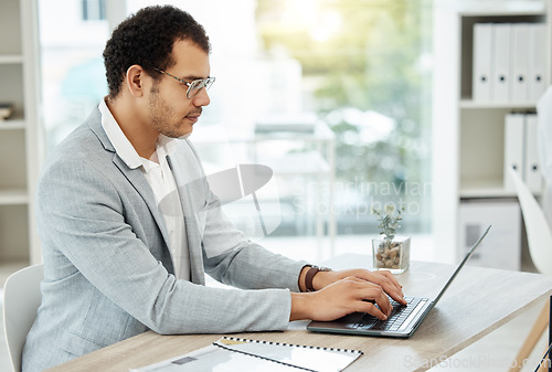 Image of Laptop, typing and business man planning, copywriting and article, newsletter or blog research for online career or company. Editor, web writer or professional person working or editing on computer