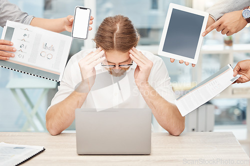 Image of Stress, chaos and business man headache on laptop, documents and phone call, documents and burnout in office. Mental health, people hands and manager with fatigue, tablet screen and cellphone mockup