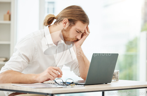 Image of Tired, headache and business man on computer for stress, burnout and mental health problem, fail or crisis. Pain, fatigue and office person with depression, anxiety or mistake, wrong email and laptop