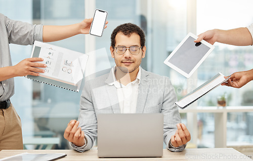 Image of Calm, multitask and meditation of business man on laptop, documents and phone call or tech in office. Mental health, time management and wellness of professional manager, computer and people hands