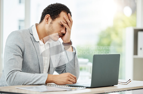 Image of Stress, tired and business man on laptop for headache, burnout and mental health problem, fail or crisis. Pain, fatigue and office person with depression, anxiety or mistake, wrong email and computer