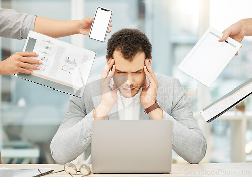 Image of Headache, chaos and business man stress on computer, documents and phone call, paperwork and burnout in office. Mental health, people hands and manager for fatigue, tablet screen and cellphone mockup