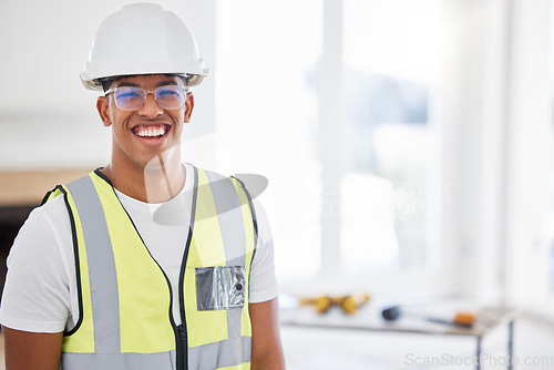 Image of Portrait, contractor and man with a smile, construction and building project with vest, helmet and architecture. Face, male person and handyman with industrial success, professional and entrepreneur