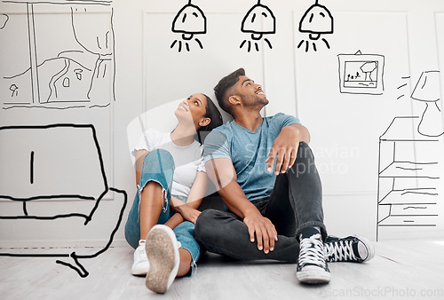 Image of Interior, drawing and couple dreaming of new home inspiration with thinking and sketch. House planning, illustration and young people together with design fantasy and homeowner dream and idea