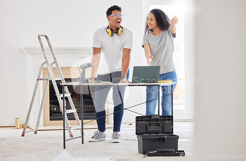 Image of Maintenance, laptop and diy with a couple in their new house together for a remodeling project. Construction, real estate or property improvement with a man and woman planning a home renovation