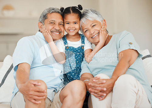 Image of Love, portrait of grandparents with child smile and on a sofa in living room of their home. Support or care, generations and elderly people with grandchild on smiling couch for bonding time together