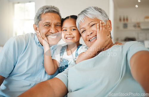 Image of Selfie, love and grandparents with a girl, family or home with happiness, loving or relax. Portrait, old woman or elderly man with female grandchild, smile or bonding with joy, retirement or vacation