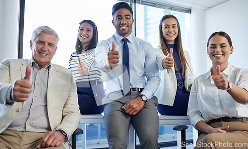 Image of Business people, together and thumbs up in office portrait for agreement, motivation or diversity. Men, women and teamwork with yes, icon or emoji in solidarity, smile or support at finance agency