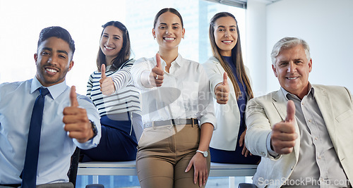 Image of Business people, teamwork and thumbs up in office portrait for agreement, motivation or diversity. Men, women and together with yes, icon and emoji in solidarity, smile or support at finance agency