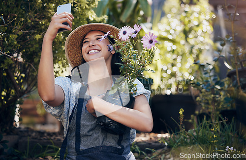 Image of Florist woman, garden and selfie in nursery, smile and hug plant with excited face for sustainable small business. Girl, entrepreneur and love for plants, growth and nature with post for social media