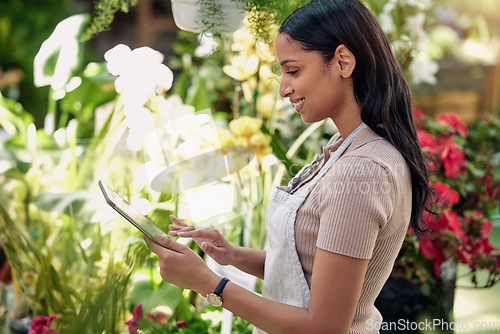 Image of Woman, tablet and plants in nursery, check and quality inspection for growth, development and health. Young business owner, entrepreneur and inventory for flowers, sustainability and gardening store