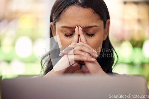 Image of Stress headache, garden and woman at laptop, exhausted and overwhelmed with workload burnout. Frustrated, overworked and tired employee with hands in face and anxiety from deadline pressure crisis.