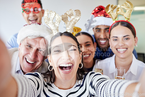 Image of Selfie, Christmas and portrait of happy business people in office for party, holiday celebration and event. Company, festive and excited men and women take picture for social media, update and memory