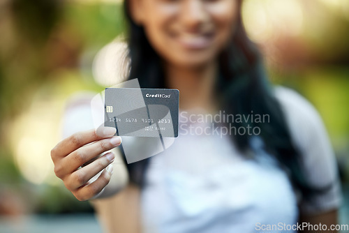 Image of Woman, outdoor and credit card for payment, shopping or banking with transaction, finance and client. Closeup, female person and customer with ecommerce, investment and savings with discount and deal