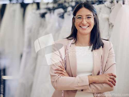 Image of Arms crossed, fashion and designer with portrait of woman in bridal store for wedding dress, creative and boutique. Small business, retail and tailor with female employee for clothes and workshop