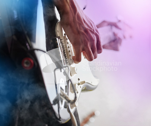 Image of Guitar, studio and man hands at music festival show playing rock with electric instrument with mockup. Sound, musician and party with live talent and audio for punk event with people at a concert