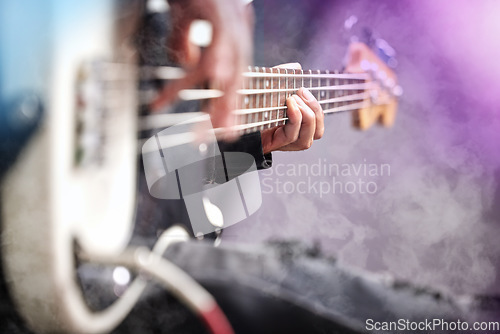 Image of Guitar, smoke and man hands at music festival show playing rock with electric instrument with mockup. Sound, musician and party with live talent and audio for punk event with people at a concert