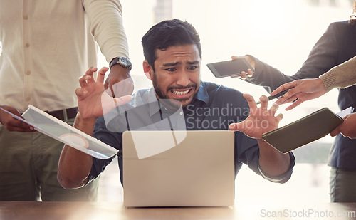 Image of Stress, laptop and business man multitasking, overworked and challenge in office. Burnout, problem and frustrated male person on computer with crisis, fail and anxiety, chaos and working on deadline.