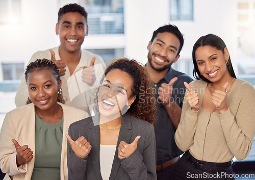 Image of Portrait, support or thumbs up with a business team celebrating an achievement of a woman leader in the office. Wow, winner and motivation with a group of colleagues employees with a female manager