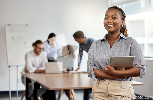 Image of Smile, boardroom and portrait of a black woman with a tablet for training, meeting or teamwork. Happy, business and a corporate employee with technology in a work office for company planning