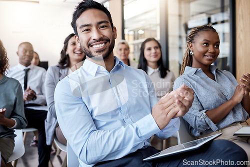 Image of Portrait, applause and business man in a crowd with a group of people clapping for a victory or achievement. Winner, wow and motivation with a team of employees in a coaching or training seminar