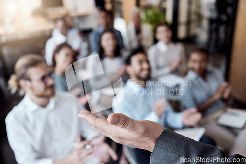 Image of Speaker, hand and talking in business training presentation, seminar or speaking to professional conference meeting. People, audience applause or group of workers at corporate tradeshow or workshop