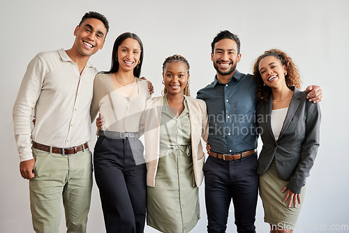 Image of Portrait, smile and group of business people, accountants and teamwork on wall background in office. Face, accounting and team of happy employees in collaboration, cooperation or corporate solidarity