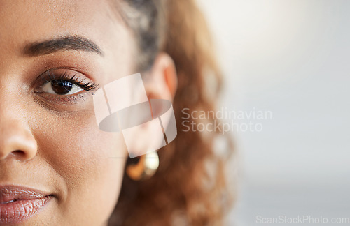 Image of Eye, face and portrait of a woman with space for mockup, advertising or vision on a studio background. Zoom and half headshot of african person or student with natural beauty, focus and concentration