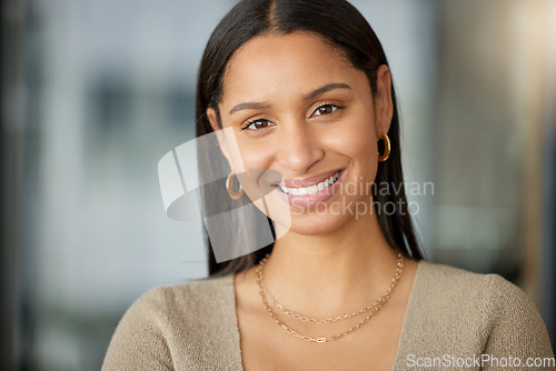 Image of Happy, portrait and business woman, designer or professional in office workplace. Face, creative and smile of female entrepreneur, graphic design and person from India with pride for career and job.