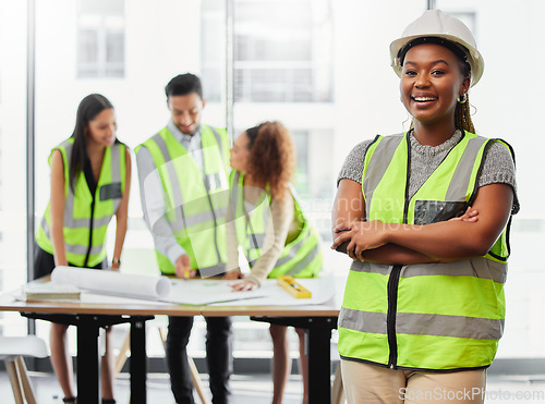 Image of Architecture, woman portrait and arms crossed in office planning, team leadership or project management. Engineering, floor plan and happy african person, contractor or leader in building development