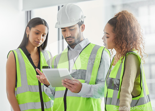 Image of Engineering, tablet and people planning, teamwork and building development or project management. Architecture design, digital blueprint and women, leader or contractor group for paperless floor plan