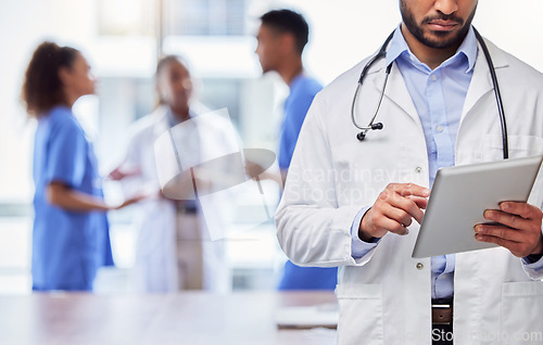 Image of Tablet, man hands and doctor in meeting for healthcare planning, research and workflow management app. Professional, medical person typing on digital tech, paperless information or team communication