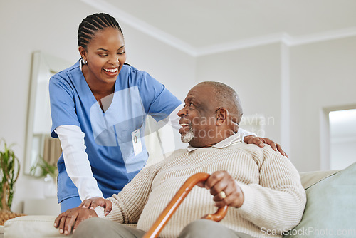 Image of Caregiver, nurse or senior black man on a couch, retirement or help with healthcare or walking stick. Male person with a disability, patient or medical professional with support, recovery or healing