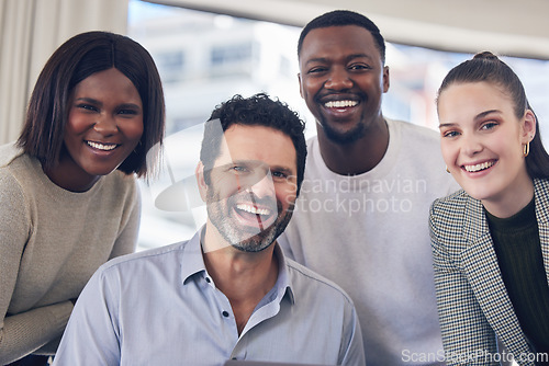 Image of Portrait, smile and business people with teamwork, collaboration and meeting for brainstorming, project and company growth. Face, staff and group with happiness, formal and coworkers with diversity