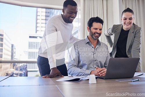 Image of Laptop, teamwork and planning with business people in meeting for mentor, review and project management. Strategy, support and website with employees online for brainstorming, email and goal