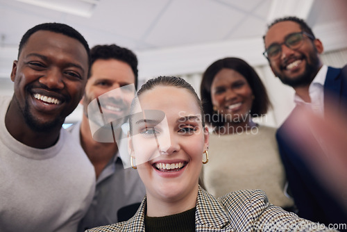 Image of Group, business people and selfie in office portrait with smile, happiness and social media app with diversity. Men, woman and photography in workplace for teamwork, profile picture and solidarity