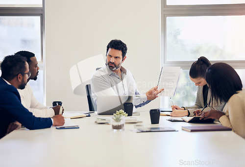 Image of Businessman, documents and coaching in boardroom meeting for team project, planning or strategy at office. Business people, coach and training staff with paperwork or document for plan at workplace