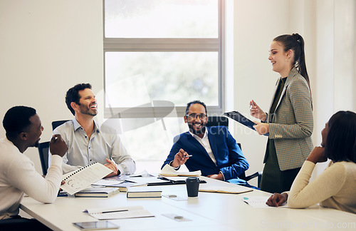 Image of Planning, happy and a woman in a meeting with business people for a work agenda or schedule. Laughing, training and a team of employees in an office for a corporate discussion or mentoring of a group