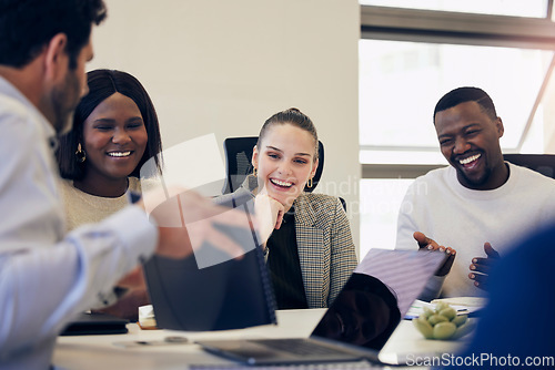 Image of Staff, business people and group in a meeting, funny or startup success with teamwork, collaboration or partnership. Coworkers, team or men with women, technology or paperwork with feedback and smile