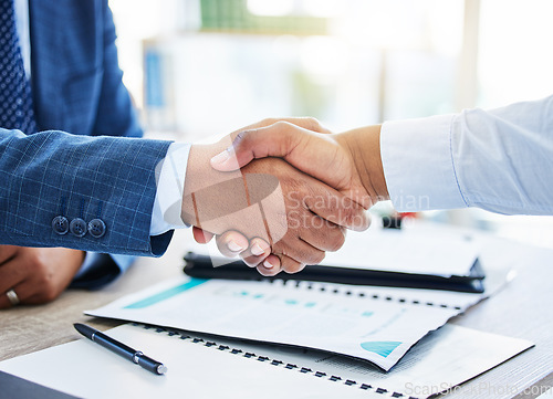 Image of Agreement, businessmen with handshake and with contract in office at workplace. Business meeting or interview, thank you or crm and people partnership or onboarding shaking hands in a boardroom