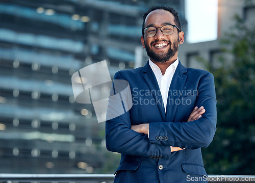 Image of Portrait, man and accountant with arms crossed in city for business career. Face, glasses and happy male professional, entrepreneur or auditor from India with confidence, pride or success mindset.