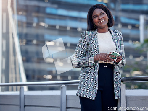 Image of Lawyer portrait, phone and black woman in city, urban or outdoor balcony. Face, smartphone and happy female professional, entrepreneur or attorney from South Africa with success mindset for business.