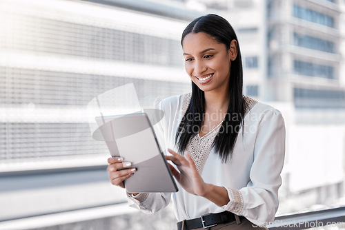 Image of Business woman, tablet and outdoor with a smile for communication, networking and research. African female entrepreneur in a city with tech or network connection for social media app or reading email