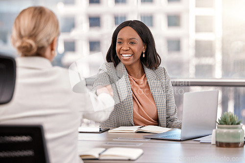 Image of Young, businesswoman and shake hands or meeting management or interview for new job and in the office. Partnership, human resource and female worker hired or success or team approved in the workplace