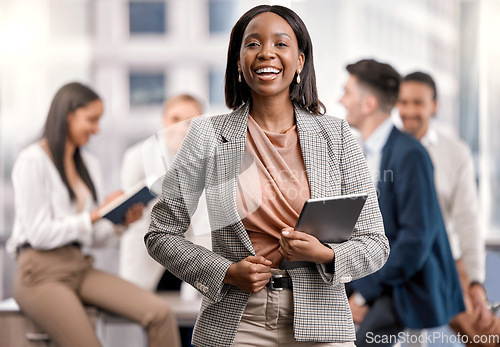 Image of Black woman, business leader and tablet outdoor with a smile for communication, networking and research. Portrait of female entrepreneur in city with tech, team and network connection for management