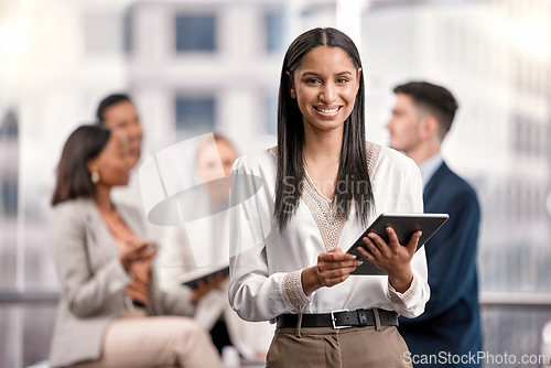 Image of Happy woman, leader and tablet outdoor for business with a smile for communication, networking and research. Portrait of female entrepreneur with tech, team and network connection for management