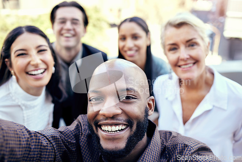 Image of Portrait, selfie and group of business people in city for team building together. Smile, face and employees or friends take photo outdoor for social media, teamwork profile picture or happy memory.